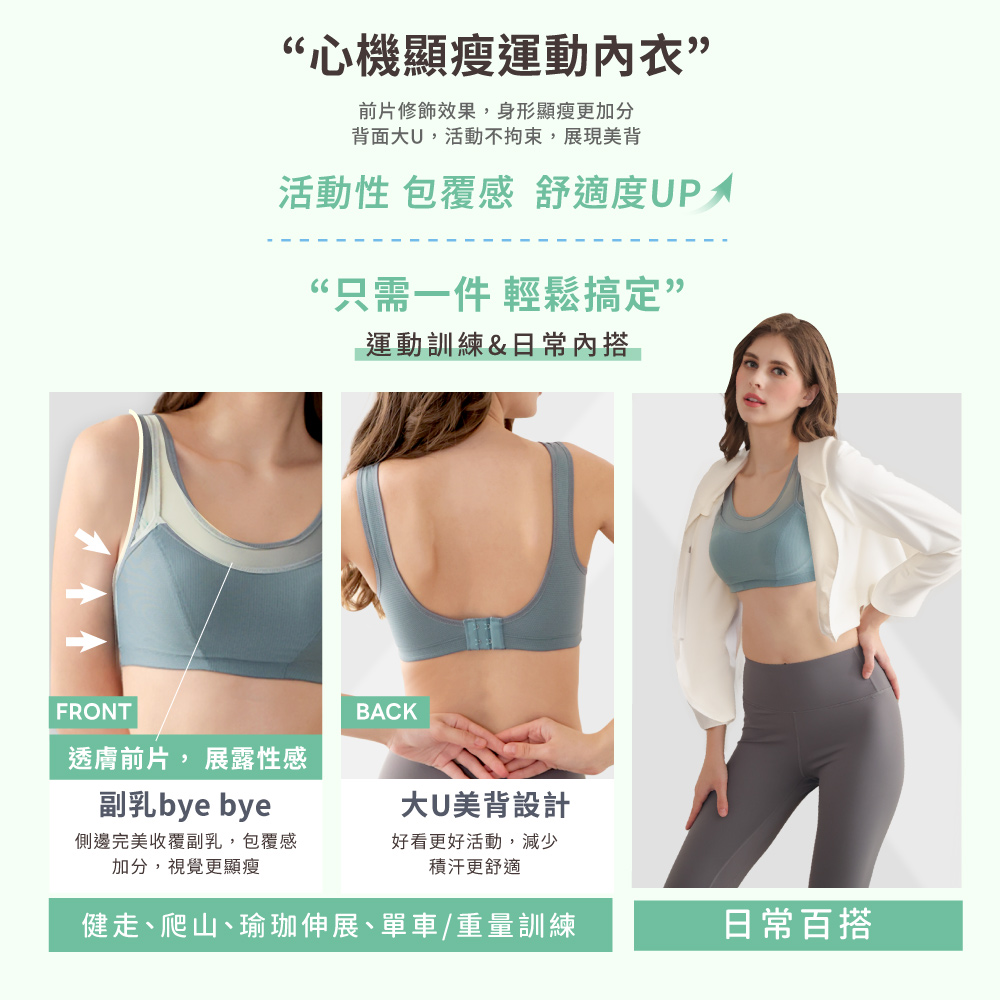 【Clany可蘭霓 】女力覺醒 台灣製涼感防震M-3XL無鋼圈運動內衣 加大尺碼 8080-83 松霧綠, , large
