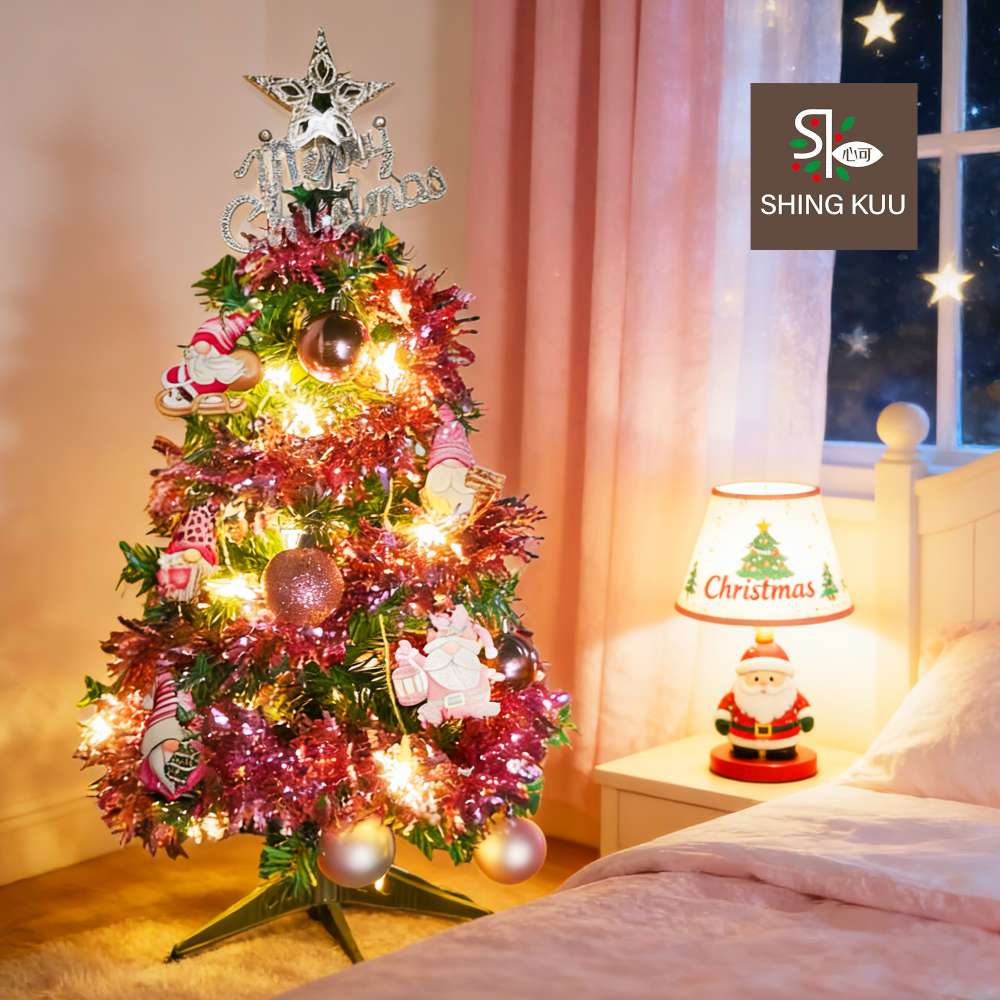 心可樂活-2尺60cm小美好套裝聖誕樹+2號夢幻粉紅聖誕老人彩繪木片飾品組+LED暖白光20燈雪花燈串_台灣本島免運費, , large