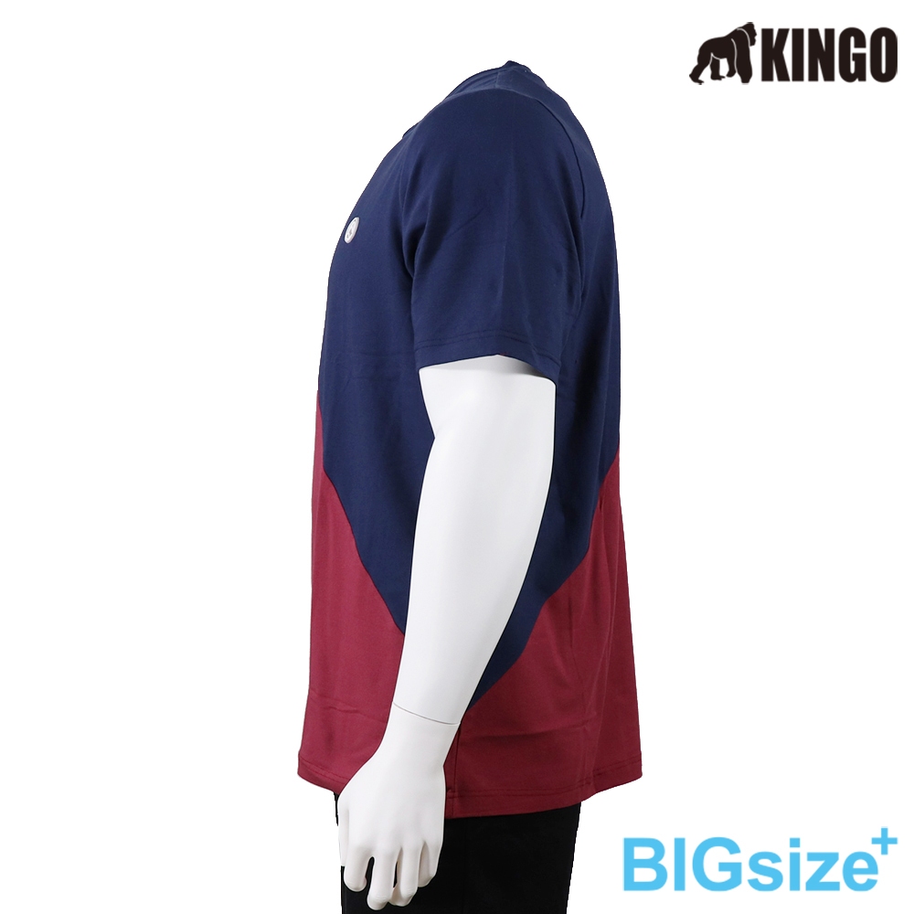 KINGO-大尺碼-男款 拚色圓領T恤-丈青-413102, , large