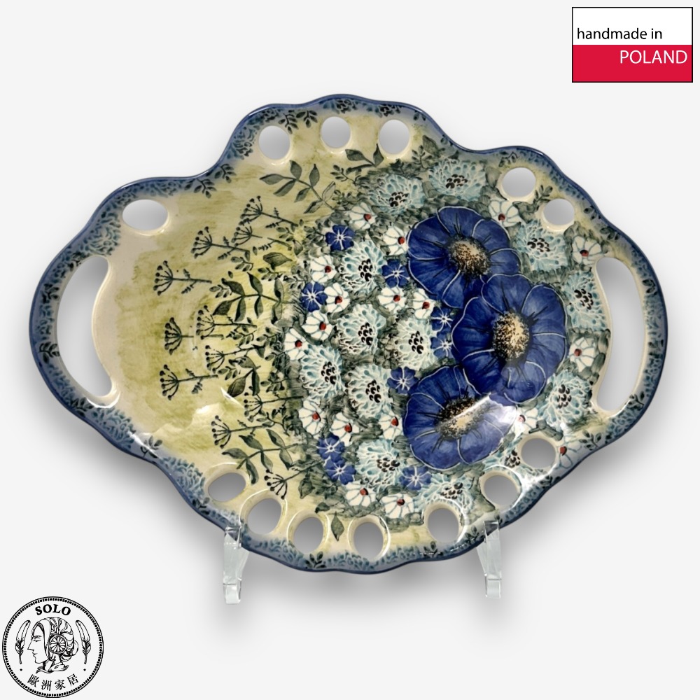 【SOLO Vintage】Cerraf Polish Pottery 26.5cm Fruit Bowl Traces of Fragrance in the Blue Fields Series Made in Poland, , large