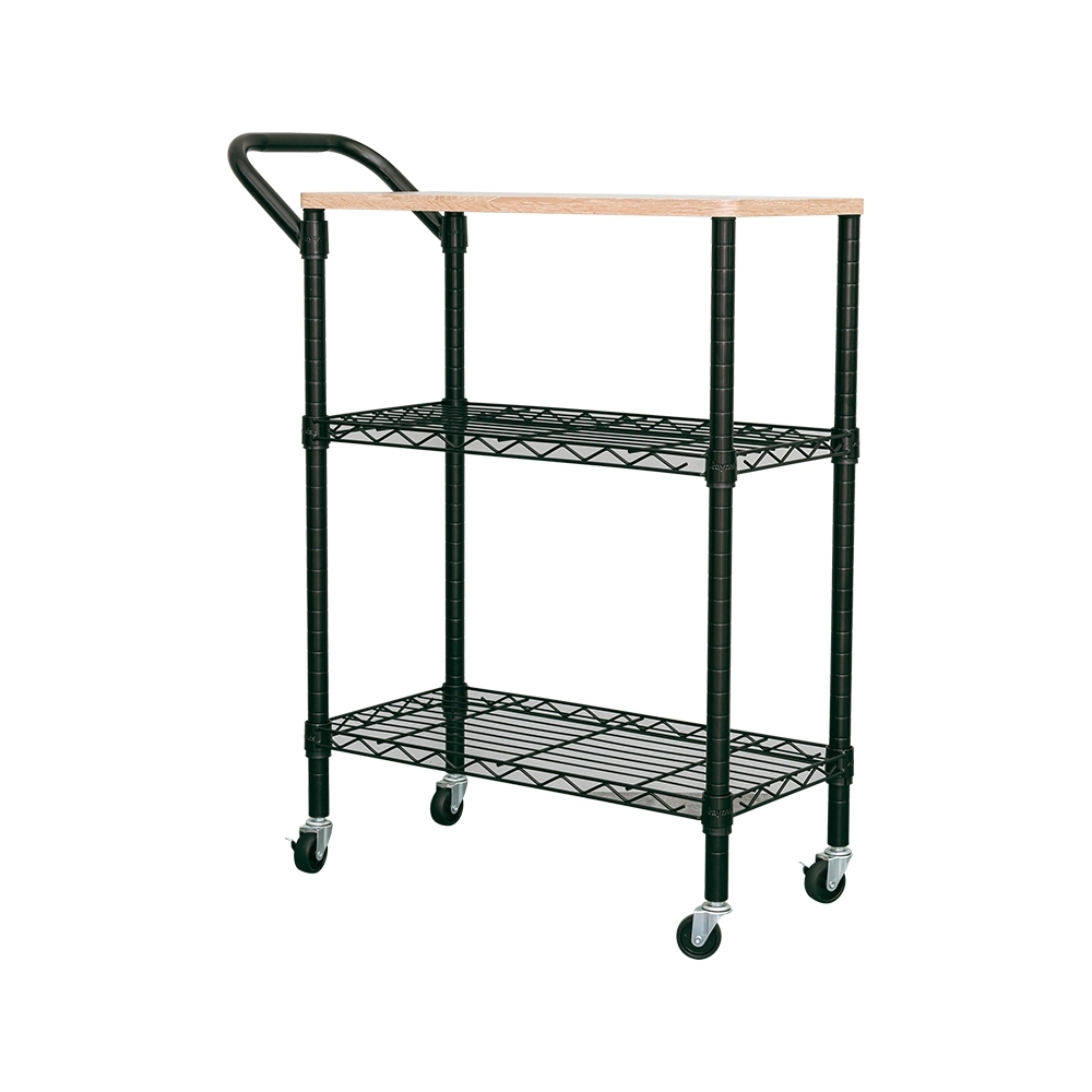 【Y HOUSE】60x30x90cm (including handle + wheel height) wooden top three-layer trolley storage trolley- black, , large