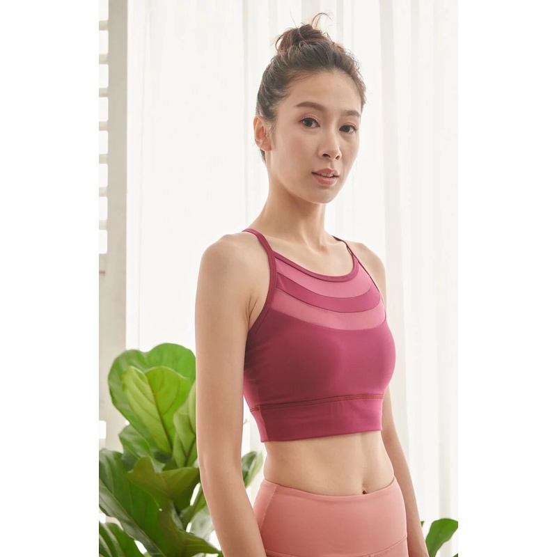 YOGA FLOW Suria Bra - 撞色網紗短版上衣 - 酒紫紅 Purplish Red, , large