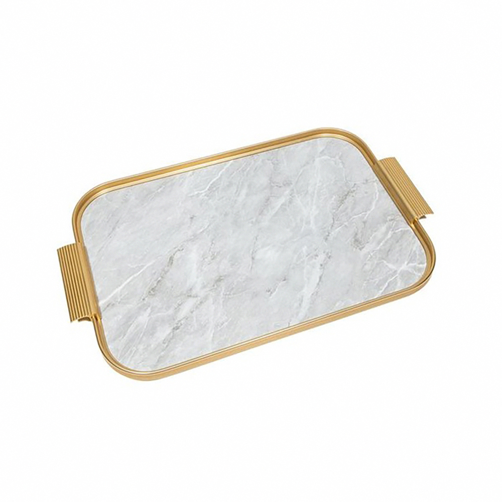 Kaymet Rectangular Tray - Gold Edges + Light Gray Marble - 40x28cm, , large