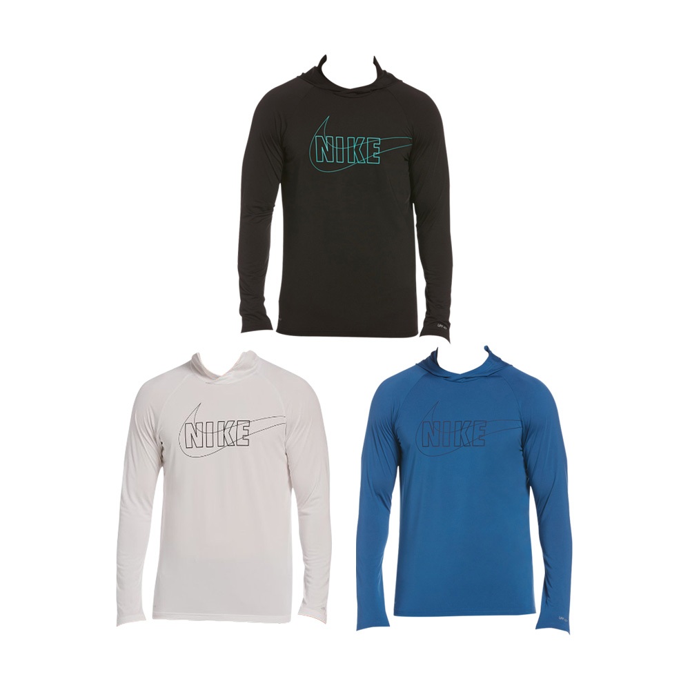 NIKE OUTLINE LOGO HOODED成人男性連帽防曬衣 戶外運動 乾爽 透氣 彈性 舒適 抗UV 黑 白 藍, , large