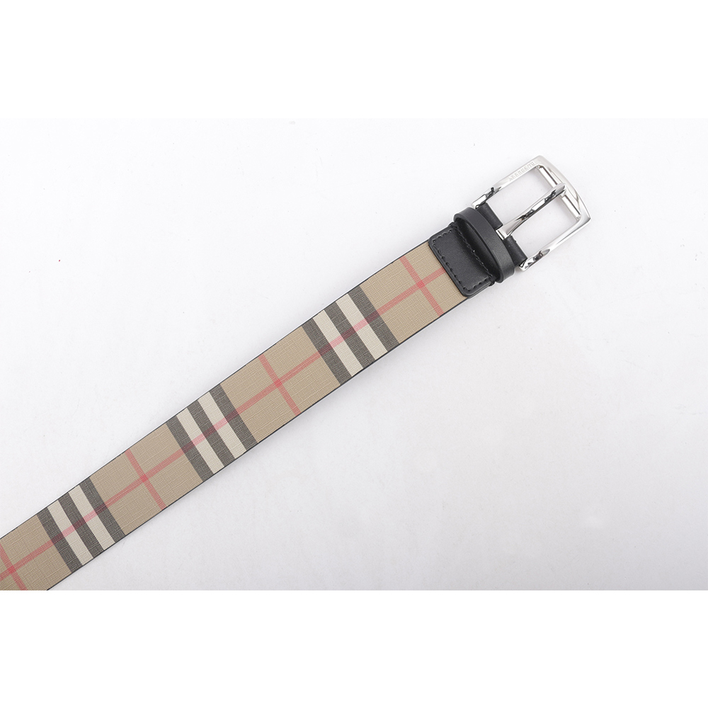 BURBERRY 銀色方釦經典帆布拼牛皮寬3.5cm/80cm皮帶/米色, , large