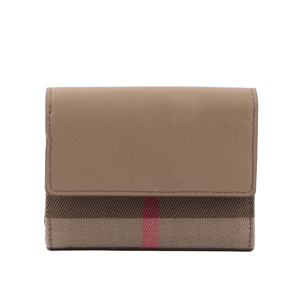 BURBERRY Lancaster 牛皮及帆布格紋三折短夾/栗子色/棕色, , large