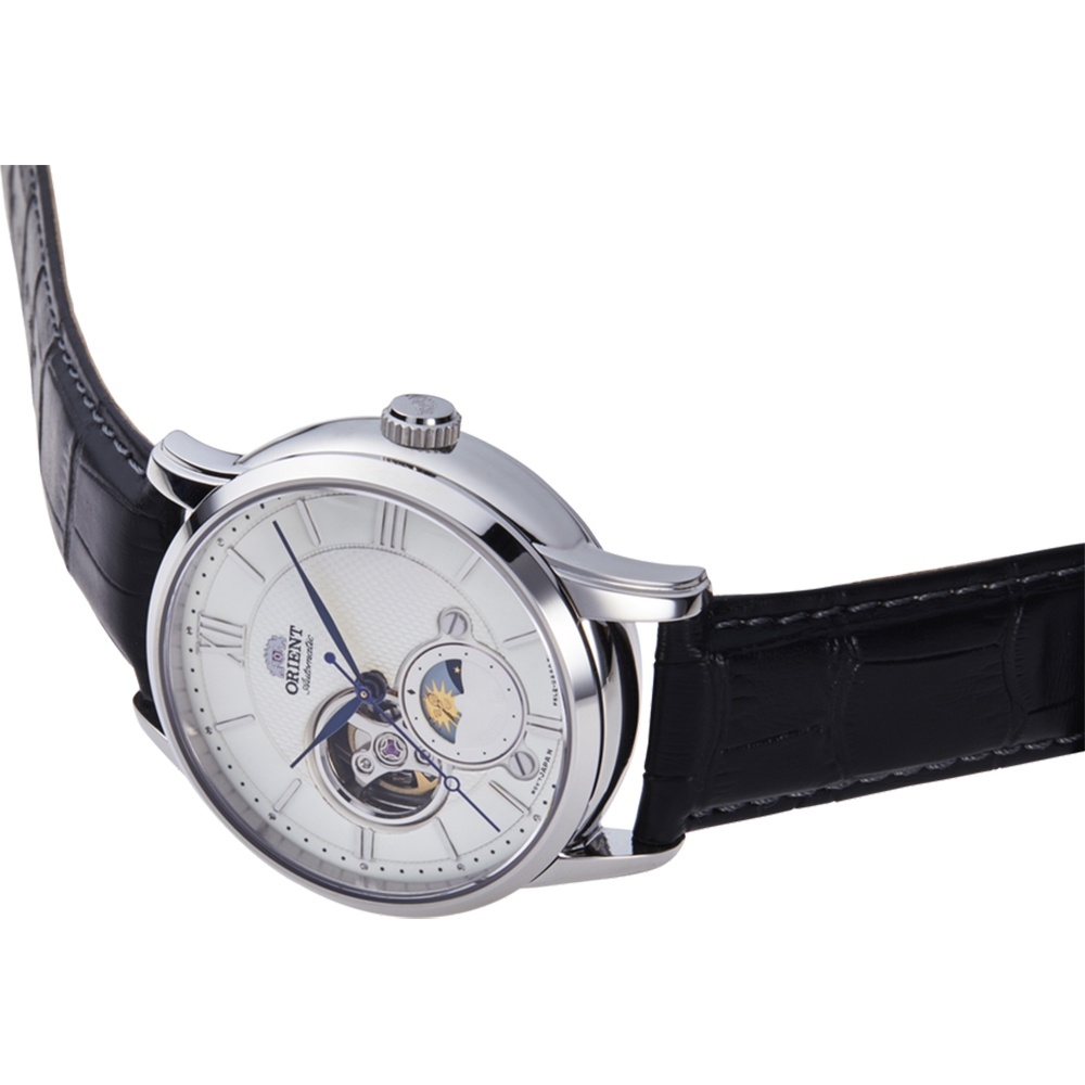 ORIENT 東方錶 Sun & Moon 系列 小鏤空日月相機械錶-銀x黑/42mm RA-AS0011S, , large