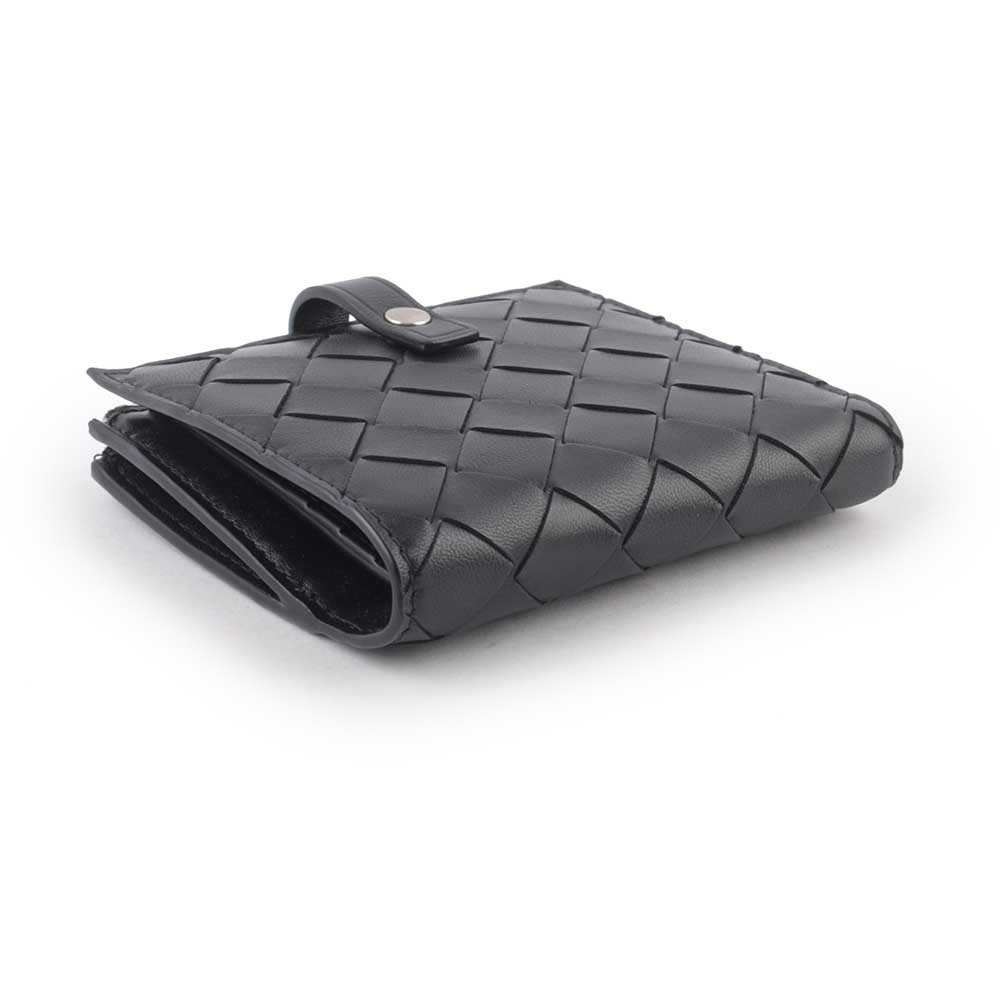 BOTTEGA VENETA 新款銀釦小羊皮編織釦式零錢袋短夾/黑色, , large