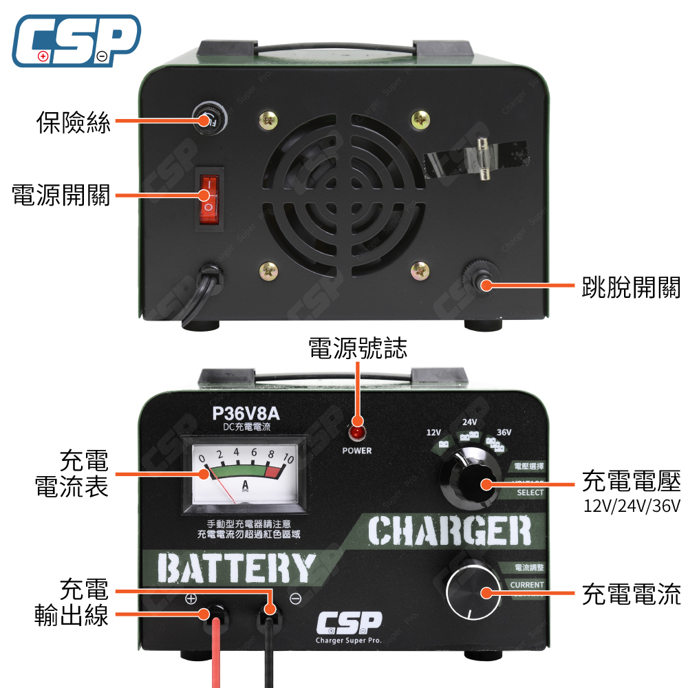 CSP P3608 36V8A 汽車充電器 老車維修 12V鉛酸電池 過載保護 反接保護 電池比重恢復 機車充電 24V 36V, , large