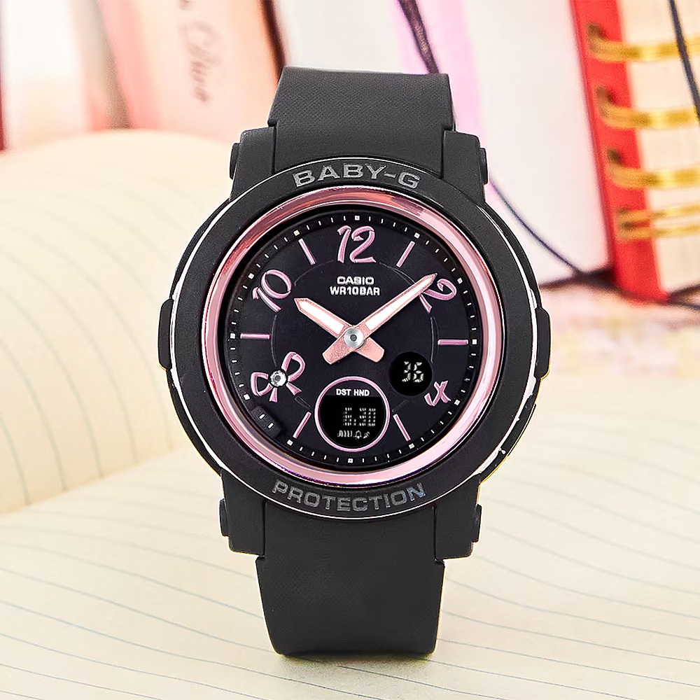 CASIO 卡西歐 BABY-G 緞帶雙顯女錶-黑/粉色 BGA-290RA-1A, , large