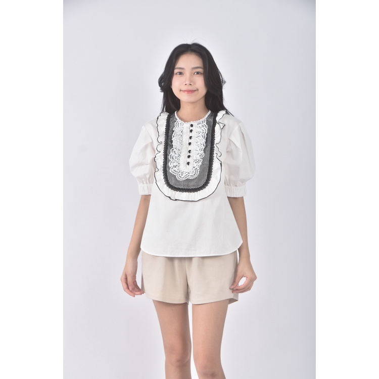 (S) self portrait質感棉質木耳邊白色短袖上衣二手衣, , large