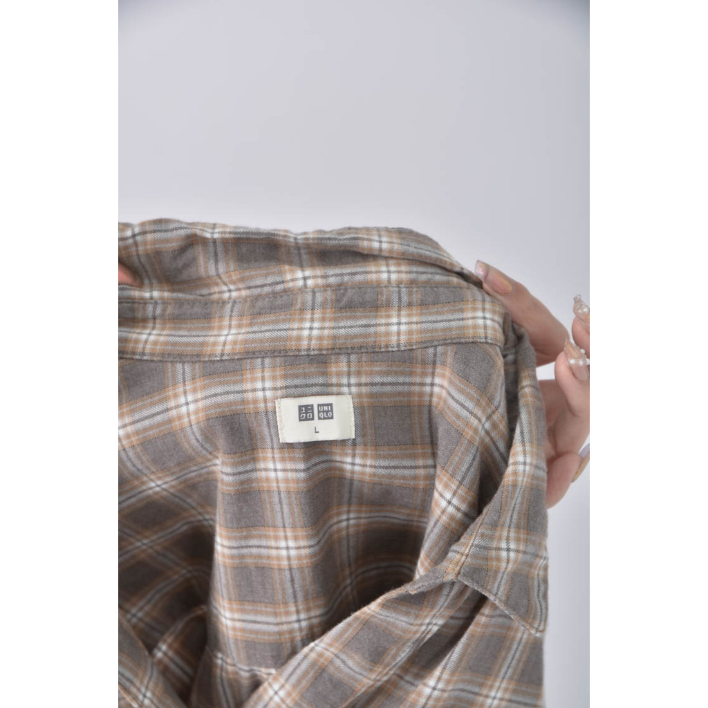 (L) uniqlo棉質格紋棕色長袖上衣二手衣, , large