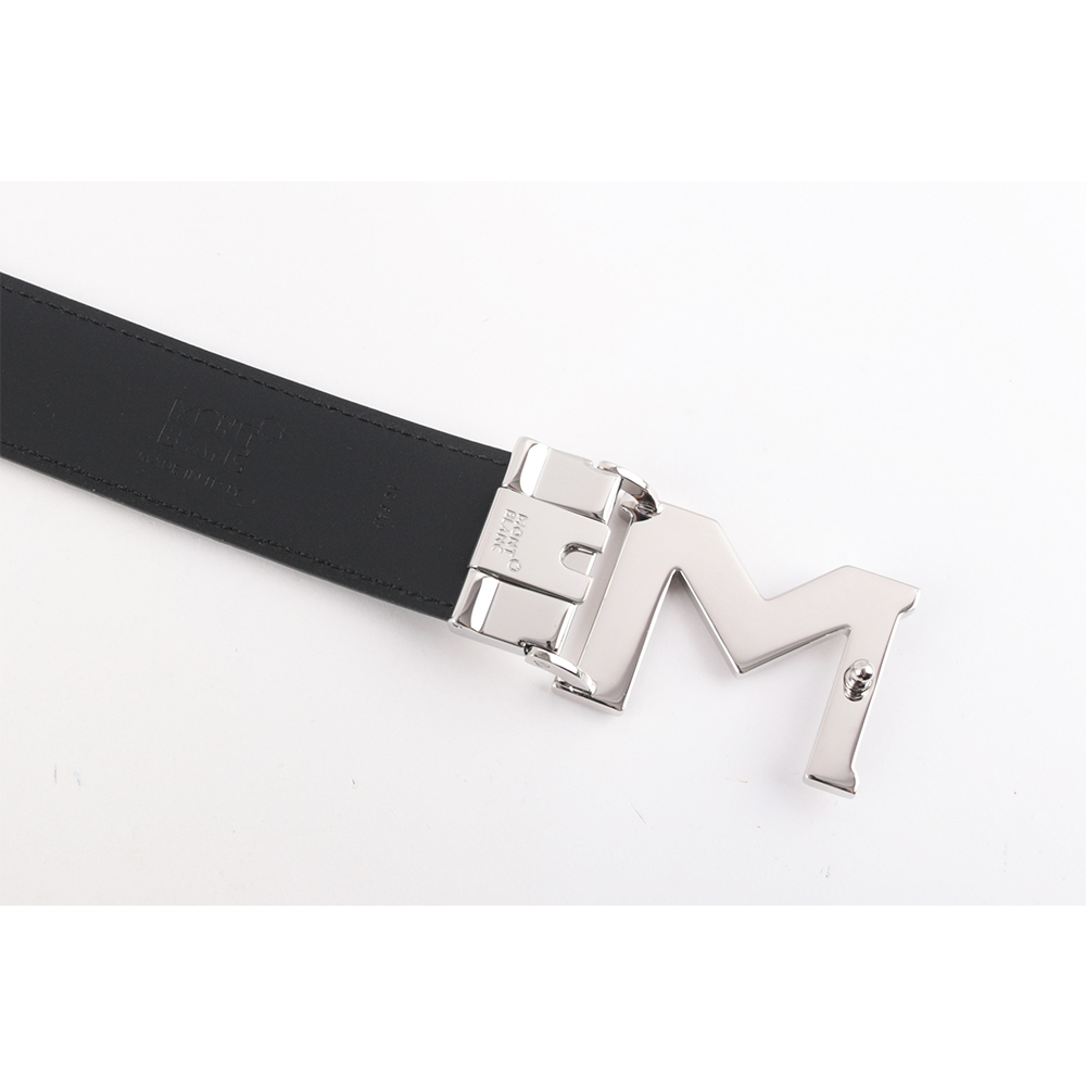 MONT BLANC 銀色M Logo 搭扣3.5cm牛皮雙面可用皮帶(黑色), , large