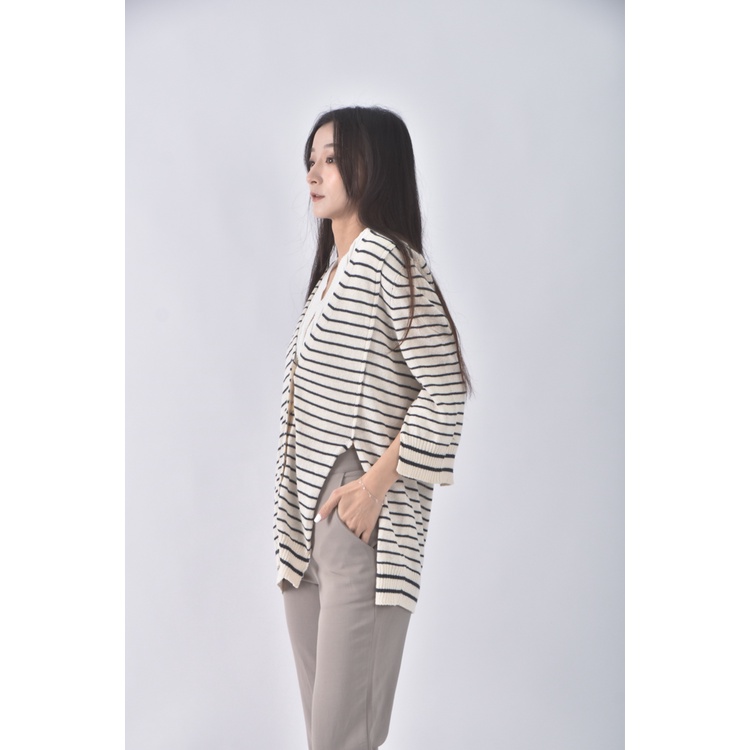 (M) max co質感亞麻棉質條紋杏色外套二手衣, , large