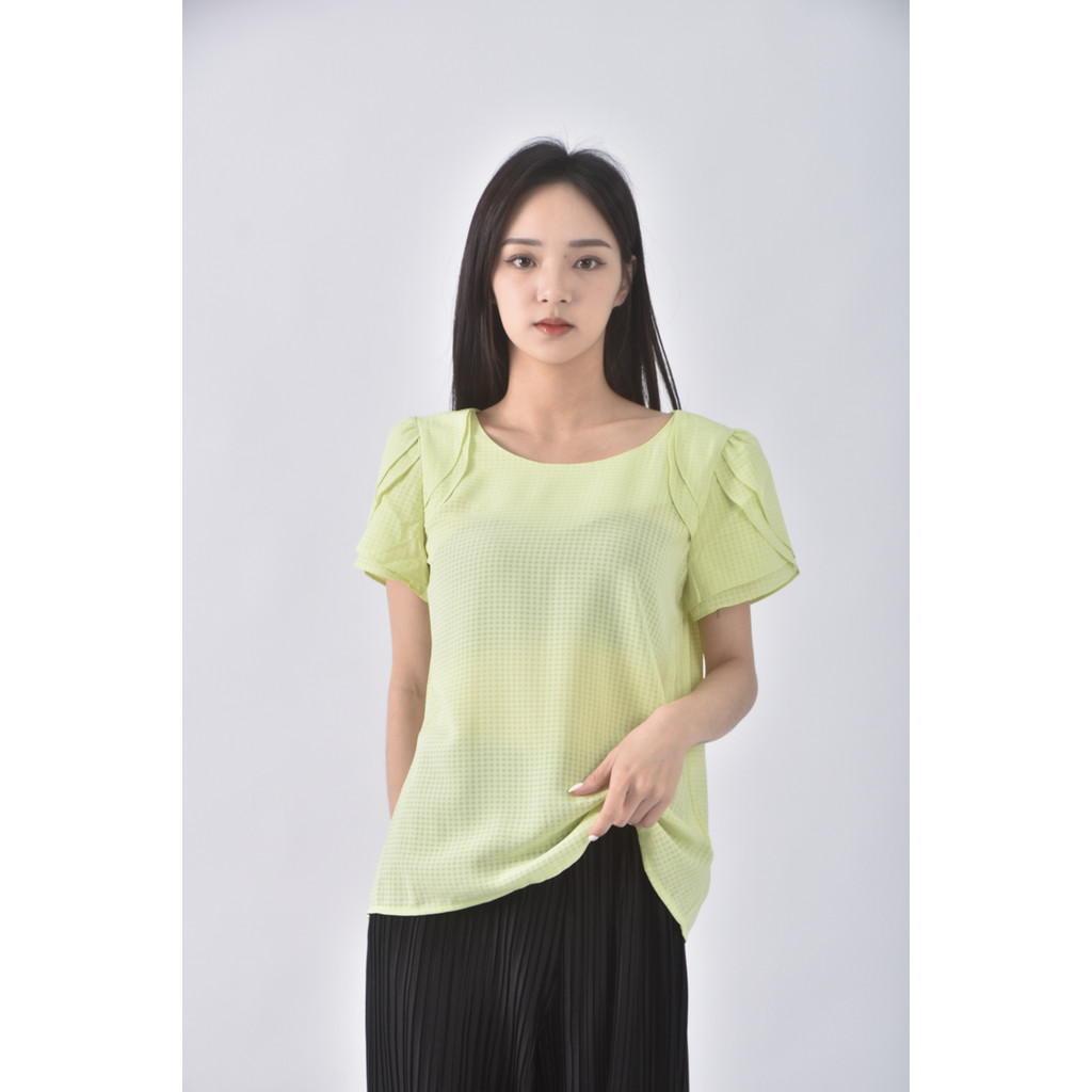 (S) 【金莎私服】simplicite質感格紋綠色短袖上衣二手衣, , large