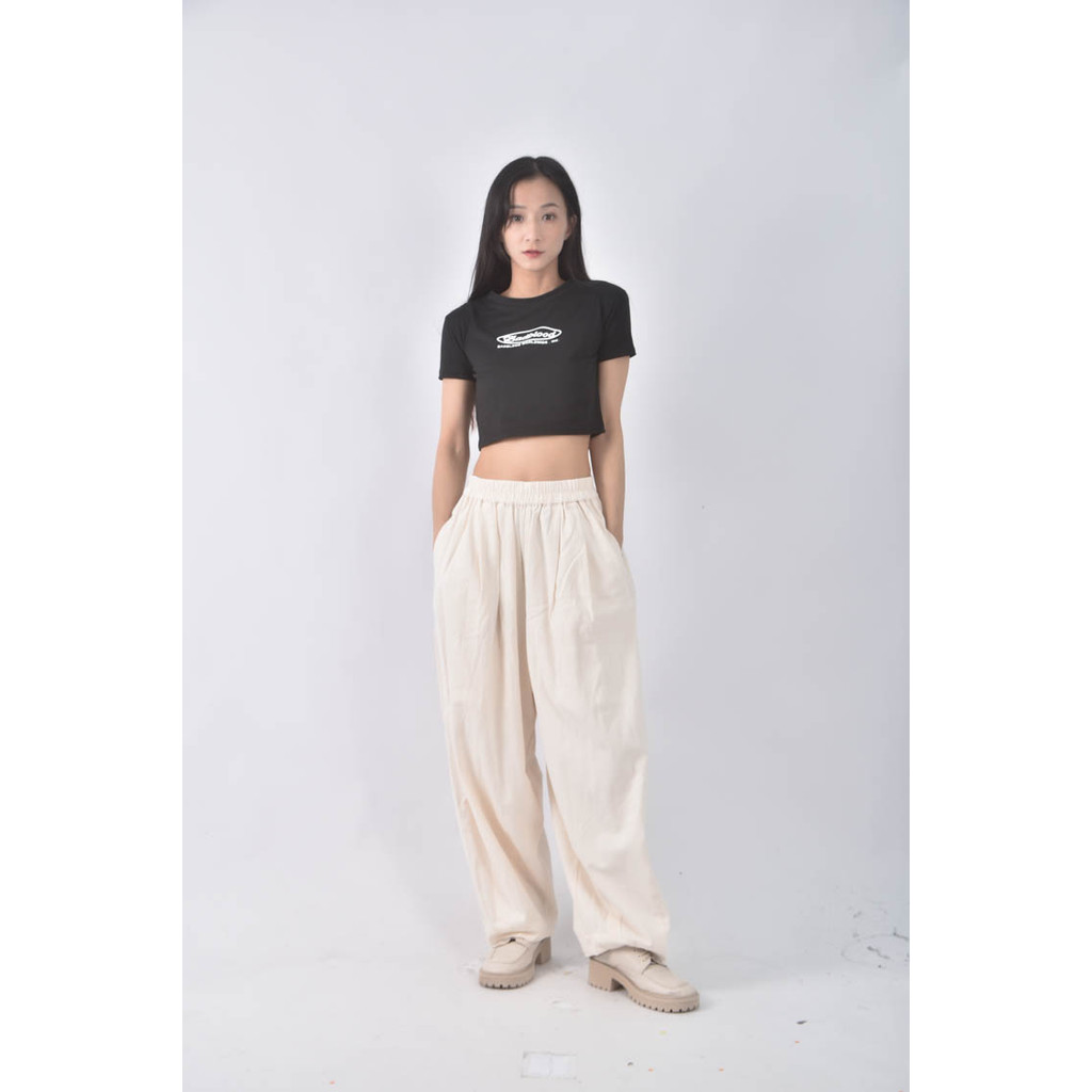 (M) 邊縫高腰棉質純棉杏色長褲二手衣, , large