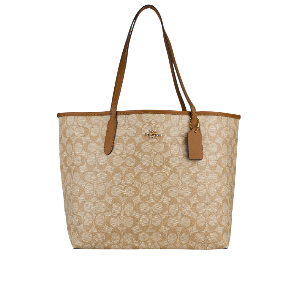 COACH City 塗層帆布托特包/淺卡其/焦糖色, , large