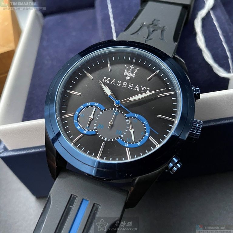 [星晴錶業]MASERATI手錶,46mm,R8871612006黑色錶面寶藍錶殼深黑色矽膠錶帶款, , large