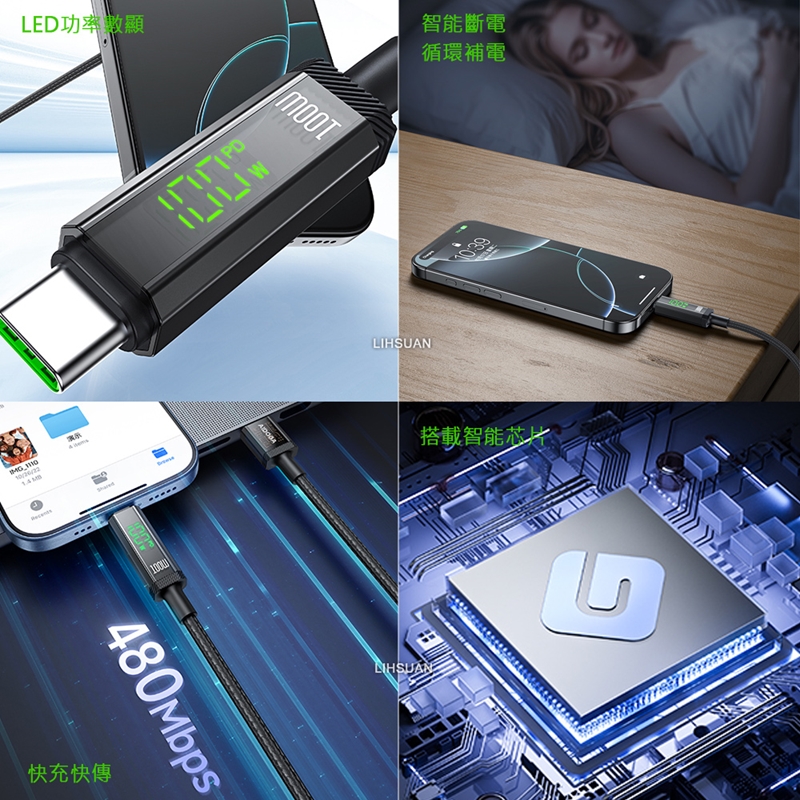 AIDOGA艾迪伽LQ DC4171鎧甲系列三合一 USB-A to Type-C智能斷電數顯補電充電傳輸線 100W 1.2M, , large