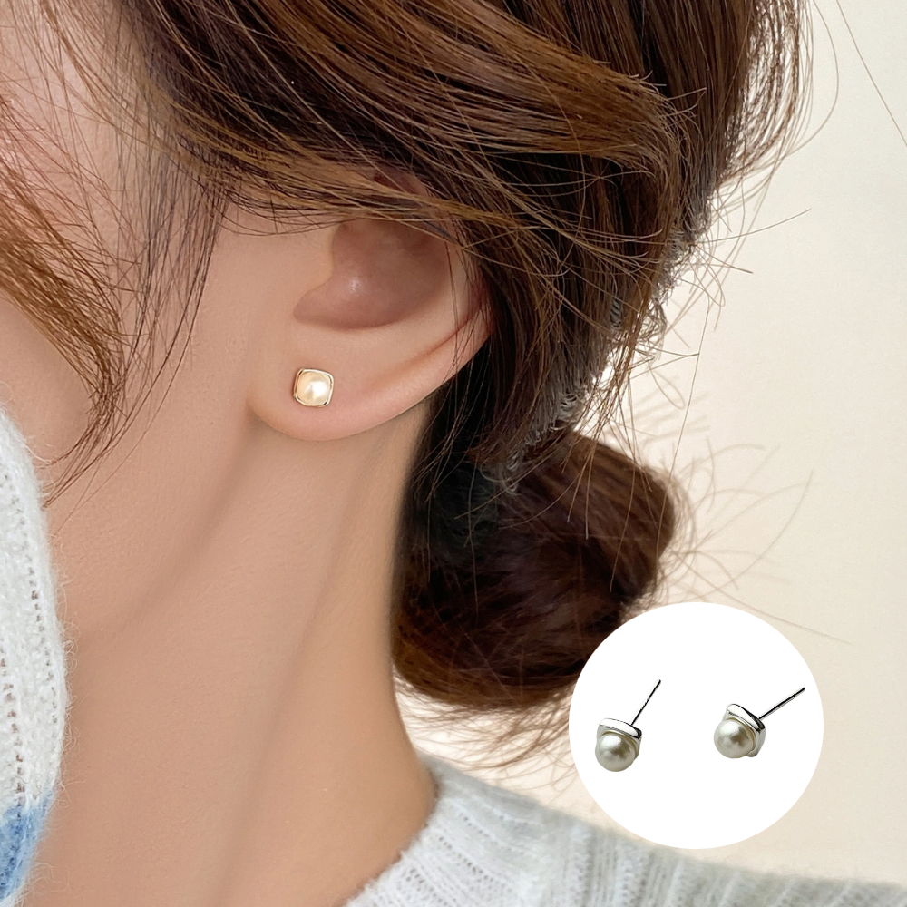 S999純銀韓系氣質淡水珍珠方形耳針款耳環附馬卡收納盒 - 金色