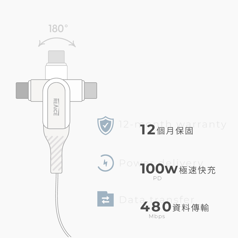 【台陞科技】REAICE台灣製180&deg;極上旋轉超軟充電線Type-C to Type-C 1.5m MC-CC15M, , large