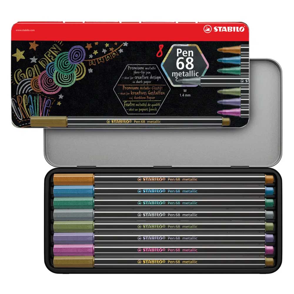 STABILO 德國 思筆樂 Pen 68 metallic 樂朋68金屬色系彩色筆 鐵盒 8色/盒 ST6808/8-32, , large