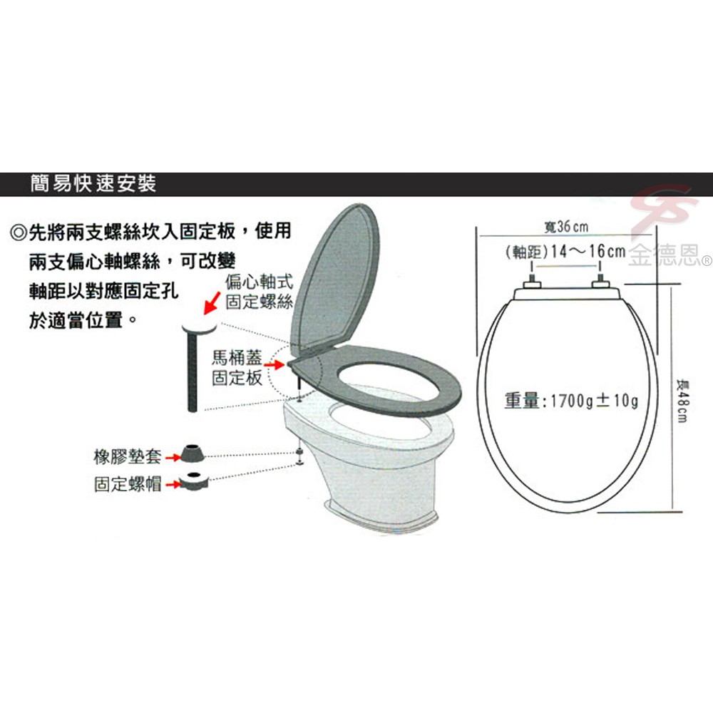 金德恩 GS MALL 台灣製造 48公分 加長下鎖式緩降馬桶蓋 適用TOTO 適用HCG 下鎖式馬桶蓋 緩降馬桶蓋 馬桶蓋, , large