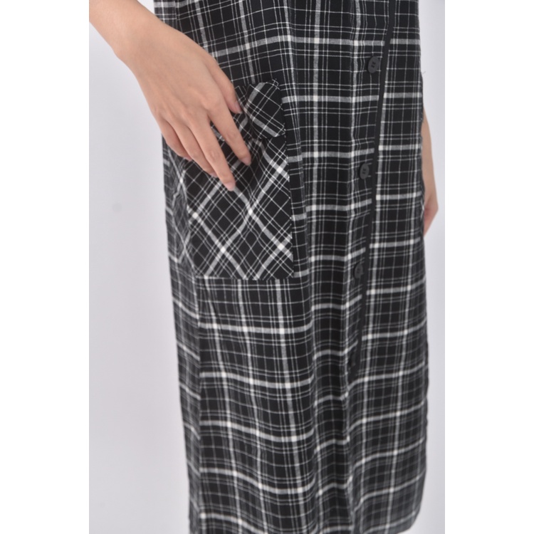 (M) osan質感棉質純棉格紋黑色洋裝二手衣, , large