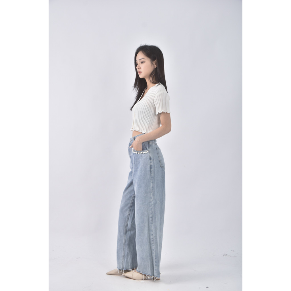 (L) 高腰丹寧牛仔珠珠藍色長褲二手衣, , large