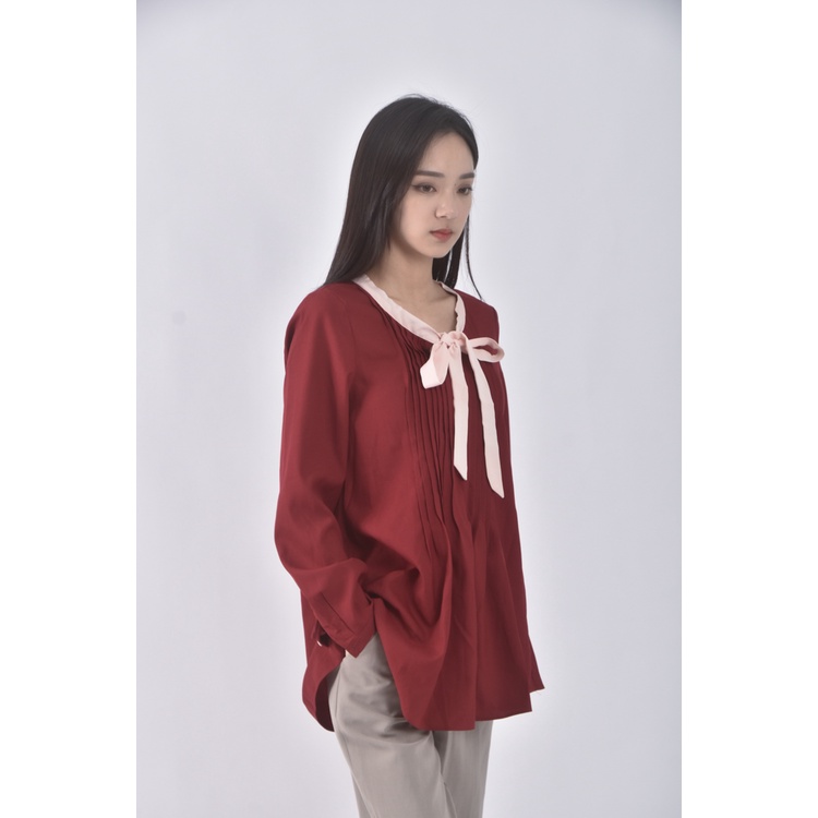 (S) 南島風質感跳色領口紅色長袖上衣二手衣, , large