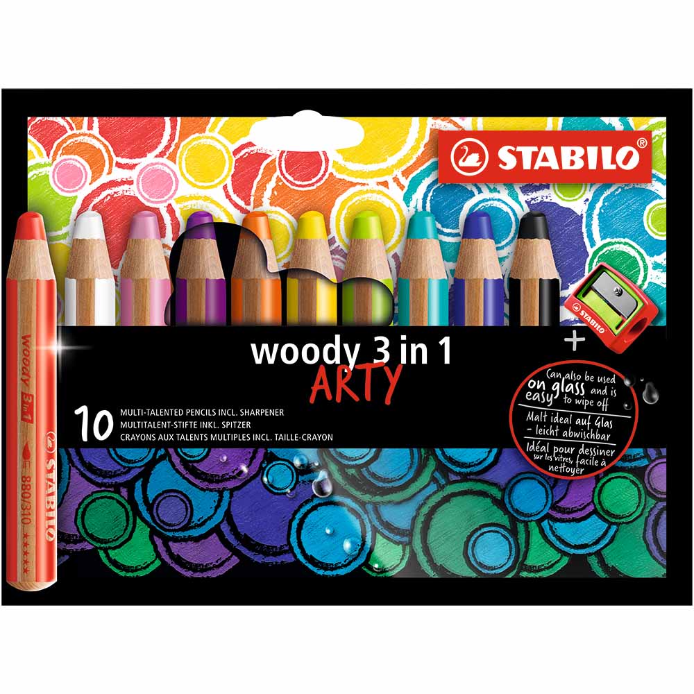 STABILO 德國 思筆樂 woody 3 in 1 ARTY 伍迪樂三合一可水洗水彩粉蠟筆 附削筆器 10支組/盒 ST880/10-1-20