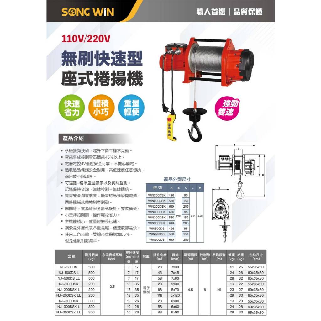 WIN五金 松盈牌 NJ系列快速捲揚機 無刷變頻雙速吊磚機 拉線機 高樓小吊車 小金剛 電動吊車 電動絞盤, , large