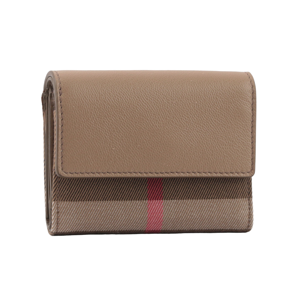 BURBERRY Lancaster 牛皮及帆布格紋三折短夾/栗子色/棕色, , large
