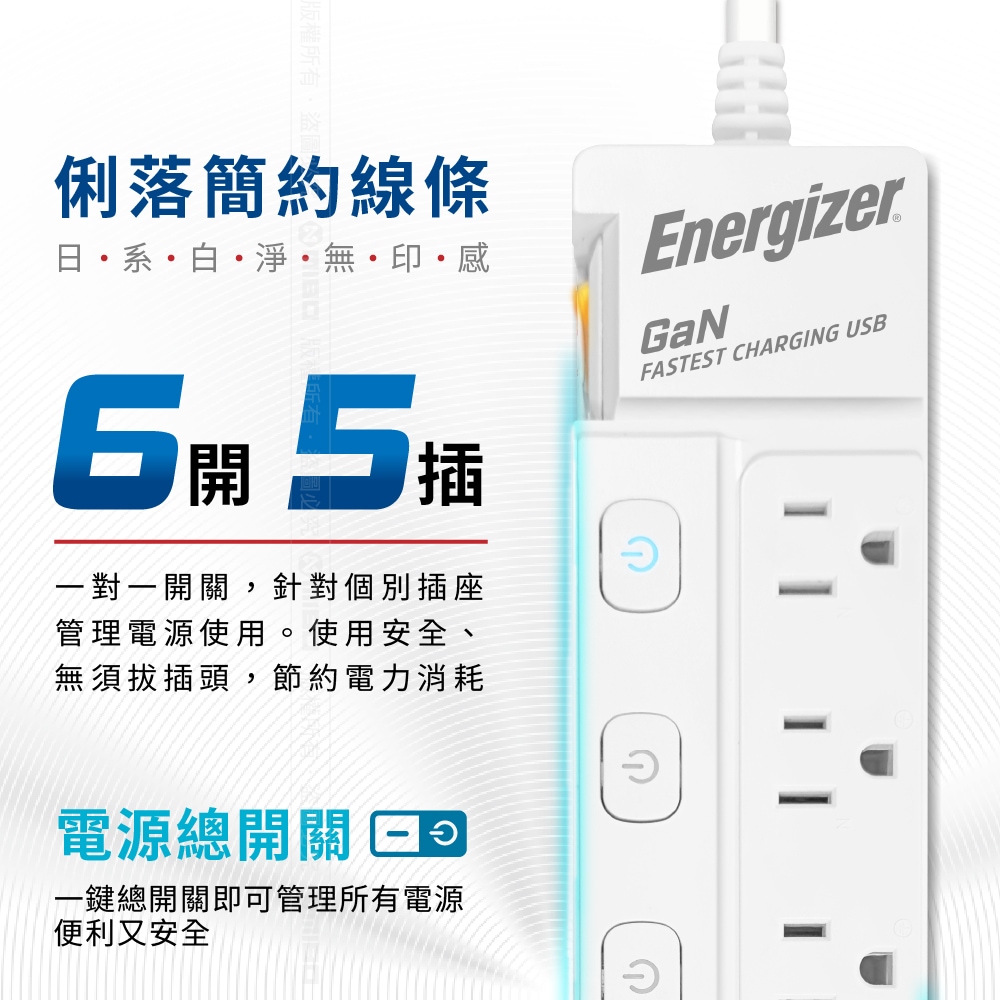 Energizer 勁量 氮化鎵Gan 37W 6開3孔5座 USB延長線 1.8米(2USB 1TYPEC 新安規 台灣製), , large