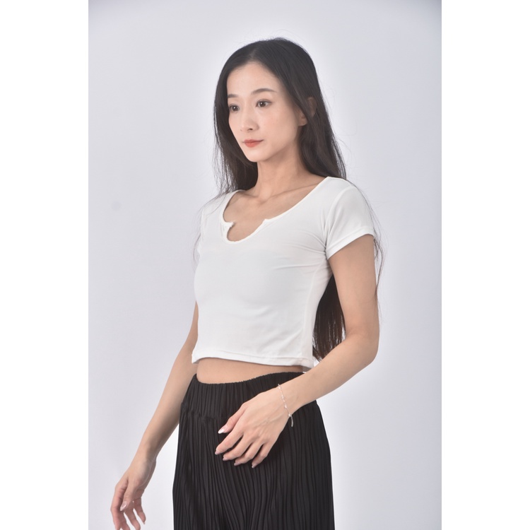 (S) 質感造型領口白色短袖上衣二手衣, , large