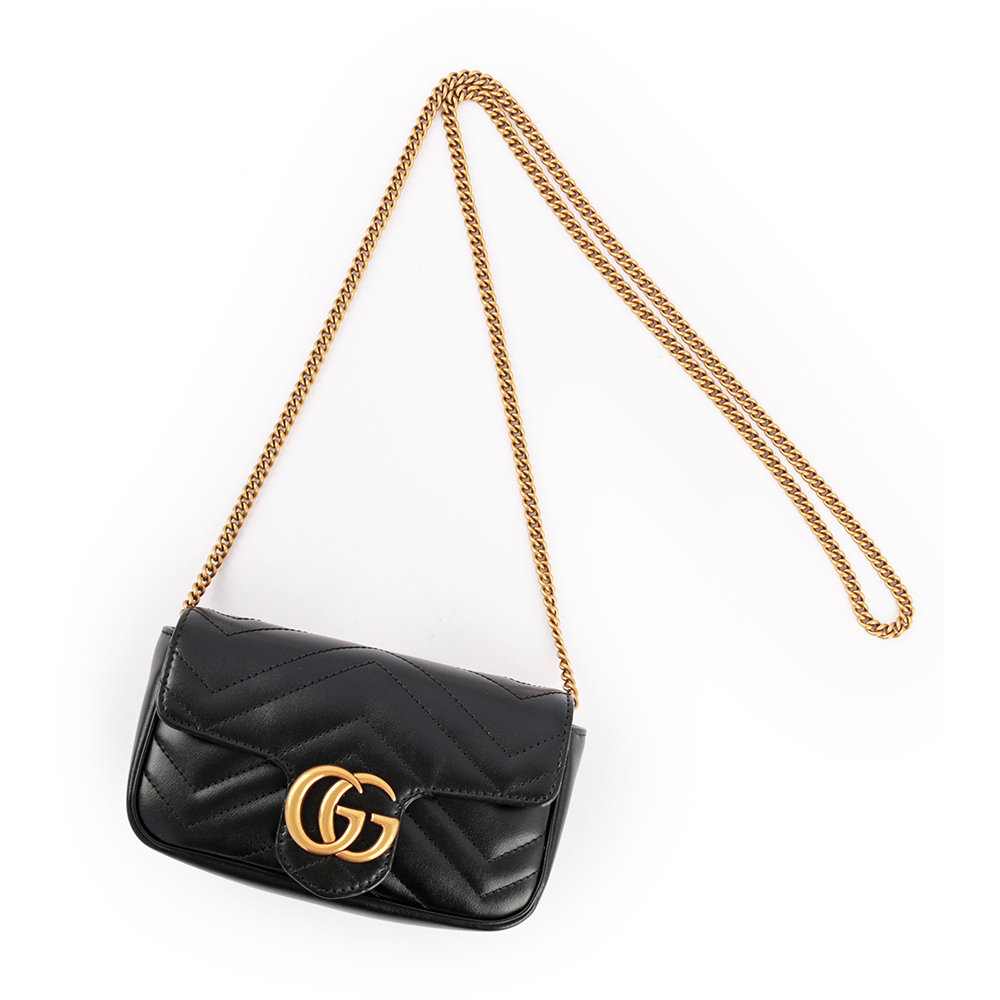 GUCCI GG Marmont牛皮翻蓋肩背/斜背鏈包(mini款)/黑色, , large