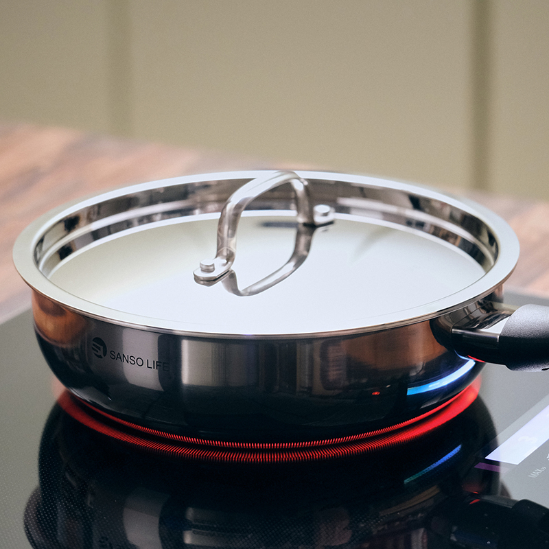 【SANSO LIFE】不鏽鋼不沾平底深鍋 24cm (附不鏽鋼蓋), , large