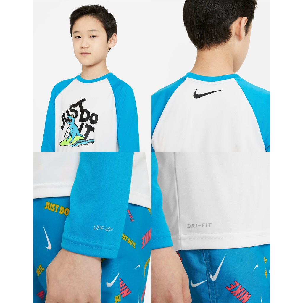 出清 NIKE JDI DINOSAUR 男孩長袖防曬衣 運動T恤 抗UV  恐龍圖案 兒童防曬衣 NESSB840, , large