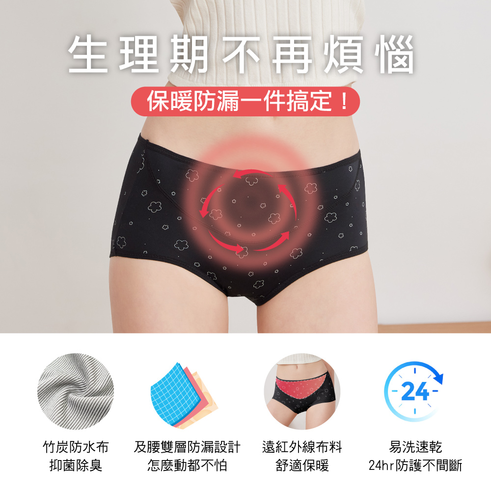 【Clany可蘭霓】 台灣製涼感竹炭遠紅外線印花抑菌消臭M-XL防漏生理褲 星夜黑 2235-63, , large