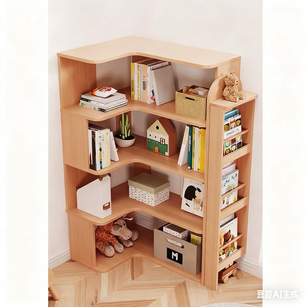 [Lele] L-shaped corner minimalist and practical bookcase, 4-tier solid wood shelf, 60x102.5 cm (solid wood bookshelf, shelf, organizer)., , large