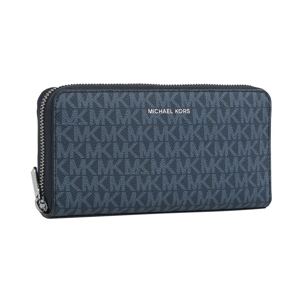 Michael Kors Cooper 銀字滿版塗層帆布ㄇ形拉鍊直式長夾(深藍色), , large