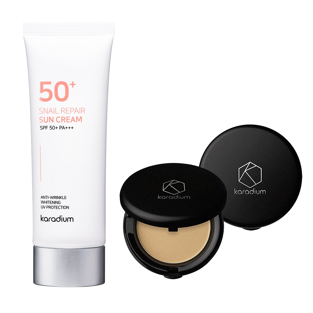 【韓國KARADIUM】SPF50+PA+++蝸牛修護防曬霜 +膠原蛋白smart防曬粉餅 防曬隔離必Buy組