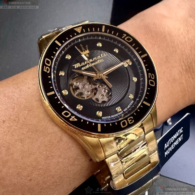[星晴錶業]MASERATI手錶,44mm,R8823140003黑色雙面機械鏤空錶面金色錶殼金色精鋼錶帶款, , large