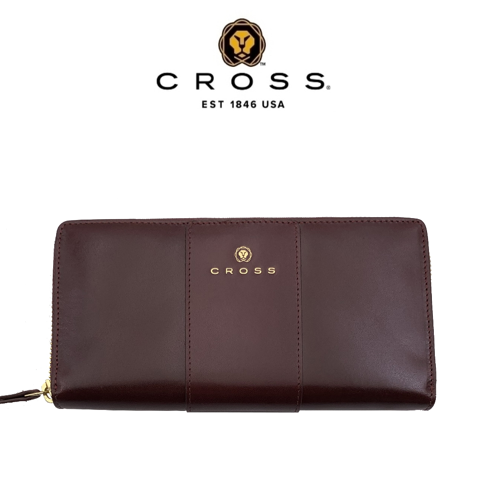 【CROSS】台灣總經銷 限量1折 頂級小牛皮拉鍊長夾 賈姬系列 全新專櫃展示品(酒紅色 送禮盒提袋), , large