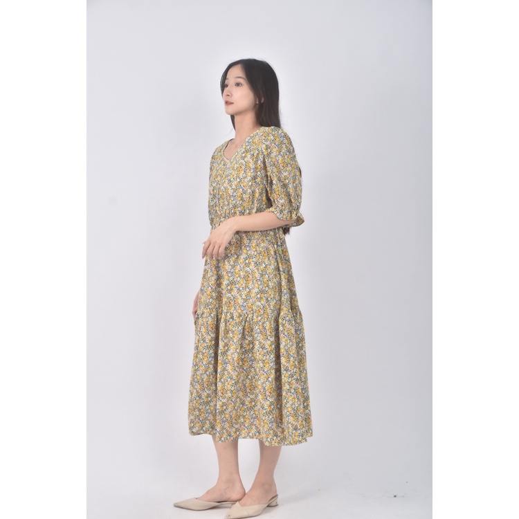 (S) daidizi碎花質感V領黃色洋裝二手衣, , large