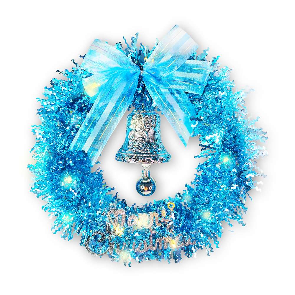 摩達客11吋夢幻土耳其藍系金蔥彎絲聖誕花圈+20燈LED暖白光燈串_本島免運費, , large