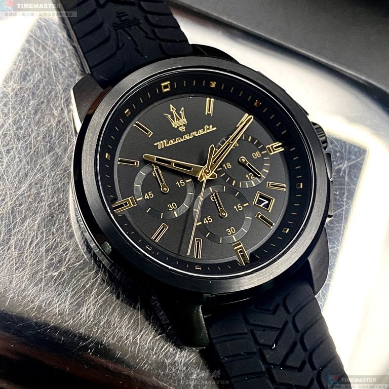 [星晴錶業]MASERATI手錶,44mm,R8871621011黑色錶面黑錶殼深黑色矽膠錶帶款, , large