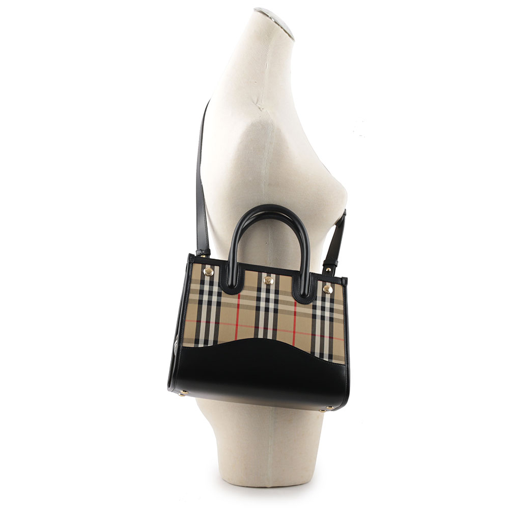 BURBERRY Title 格紋帆布及小牛皮小款手提/斜背二用包/暗土色, , large