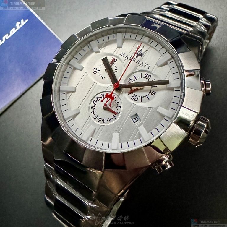 [星晴錶業]MASERATI手錶,44mm,R8873603001白色錶面銀錶殼銀色精鋼錶帶款, , large