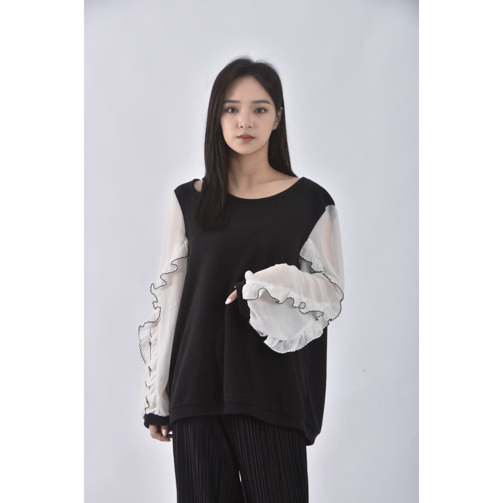 (XL) 拼色黑色長袖上衣二手衣, , large